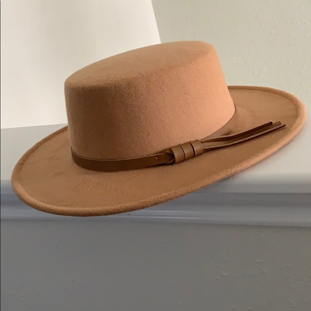 Tan Boater Hat with Faux Leather Detail